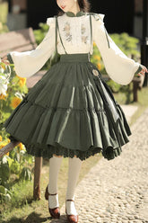 White/Green Country Style Midsummer Sunflower Sweet Lolita Skirt Two-Piece Set